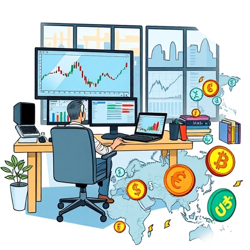 一個平靜的交易桌,顯示著貨幣圖表的螢幕