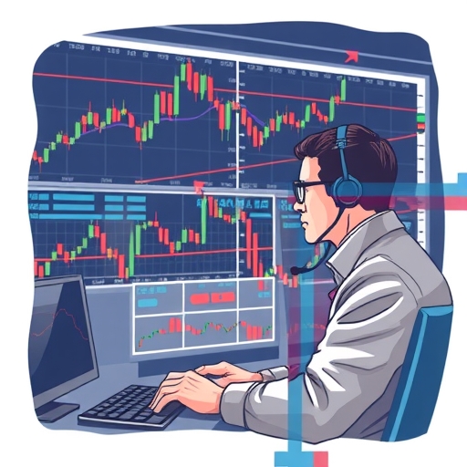 一位交易者在繁忙的交易環境中分析股價,專注於支撐水平。