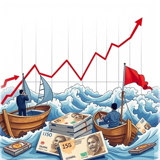 金融市場插圖，顯示波動的貨幣圖表及擔憂的投資者