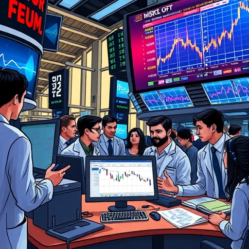 一個交易桌的特寫,突顯出微型契約的細節和動態的市場圖表