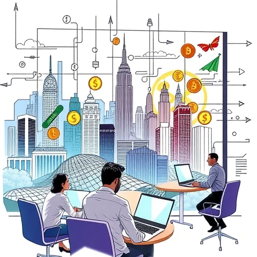 未來城市景觀展示數字貨幣在日常交易中整合的情景