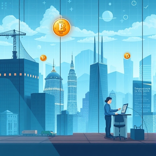 一幅數位景觀展示貨幣融合與現實世界貿易的畫面