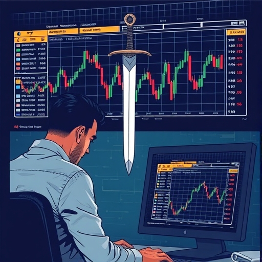 一把劍懸在交易員的頭上,象徵交易風險