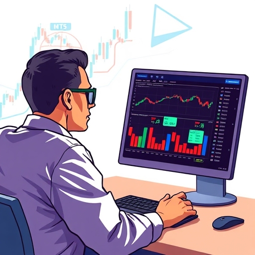 一位男士正在分析MetaTrader 5上的數據,旁邊顯示著全球市場圖示。