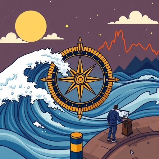 一個指南針引導穿過股市波動的畫面