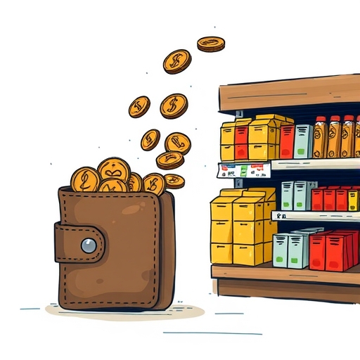 一個縮小的錢包,裡面正在掉出硬幣