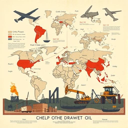 一幅顯示原油價格演變及其政治影響的複雜插圖