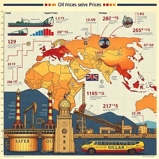 一幅藝術化的全球原油市場插圖,展示歷史事件和經濟因素的影響。