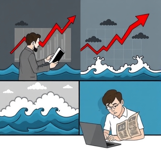 一位男子正在分析股市圖表,並用紅色箭頭指出市場下跌的趨勢。
