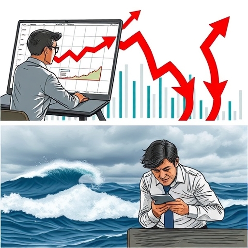 一位男子正在用筆記本電腦研究財經新聞,神情顯得焦慮。