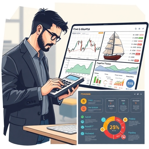 一位專業交易者正在分析外匯圖表,並使用計算機進行計算。