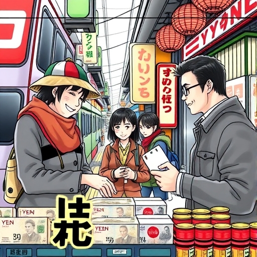 一幅充滿活力的市場場景,展示了日元鈔票