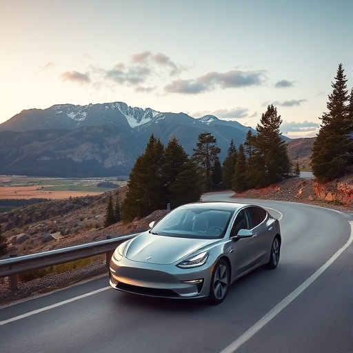 一輛流線型電能車在風景道路上行駛