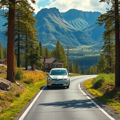 一輛先進的電能車在蜿蜒山路上行駛