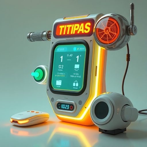 一個未來感十足的科技裝置，顯示數據圖表。