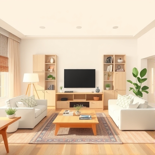 一個簡潔、有組織且帶有自然光的現代客廳插畫