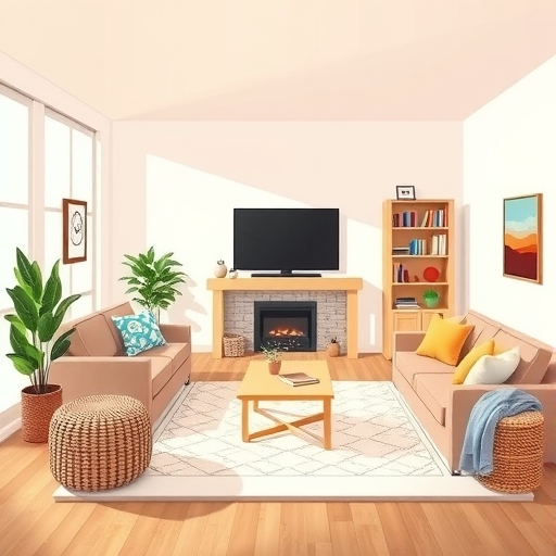 一個設計現代、光線充足且配有整潔收納方案的舒適客廳插畫