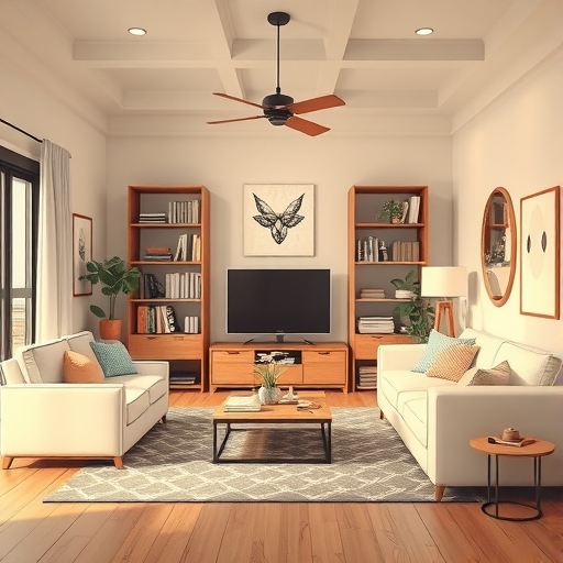 一個簡約、乾淨且擁有充足收納空間的現代客廳插畫