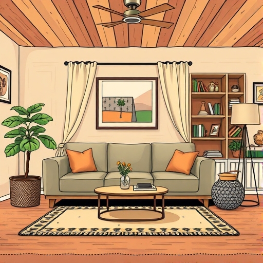 一個整潔、高質感且設有儲物櫃的舒適客廳插畫