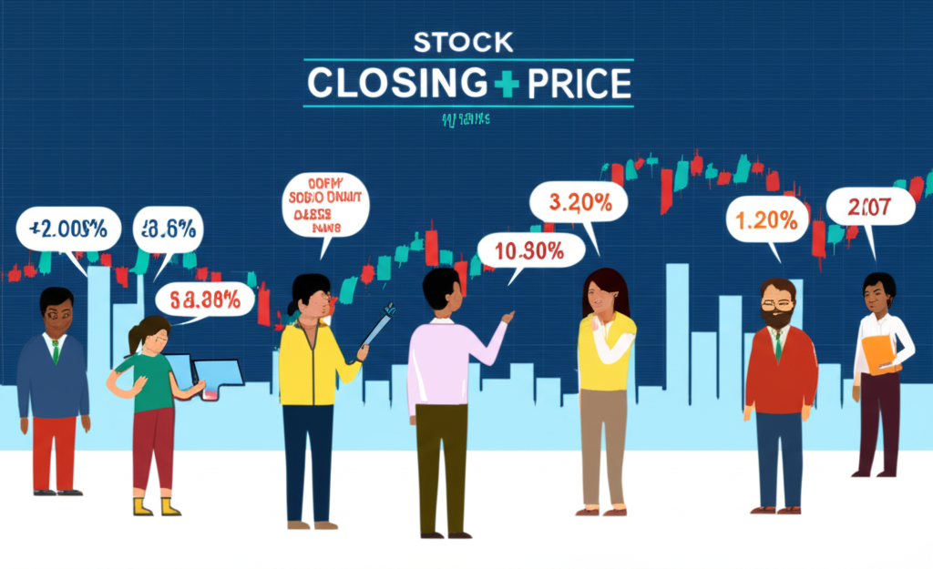 投資人分析股票圖表的插圖,強調收盤價在圖中突出位置,展現不同意見與隔日策略