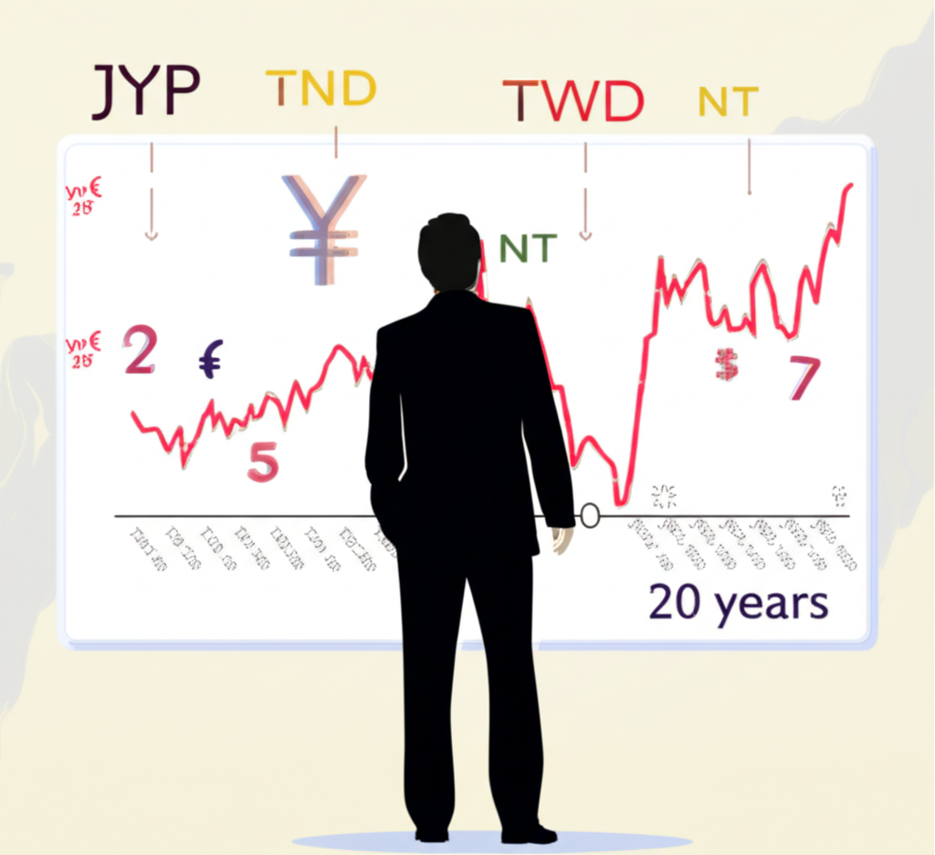 日幣匯率二十年趨勢圖,顯示JPY對TWD和USD的波動與經濟事件