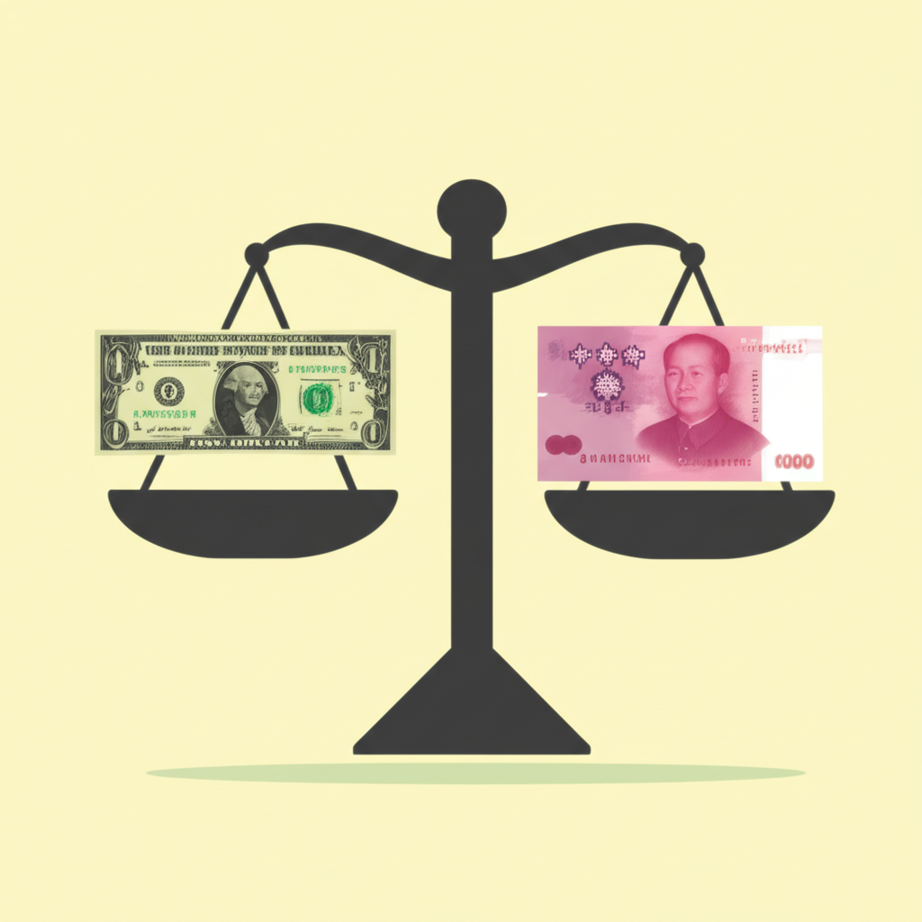 美元紙幣和新台幣紙幣在平衡天平上交換位置,象徵匯率,清楚展示一種貨幣兌換另一種的視覺,簡單直接的插圖