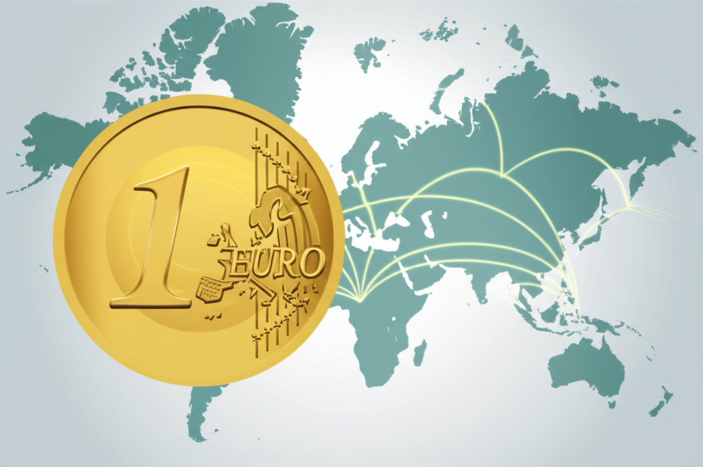 歐元貨幣與台灣經濟連結的世界地圖插圖,象徵全球經濟紐帶與財務決策