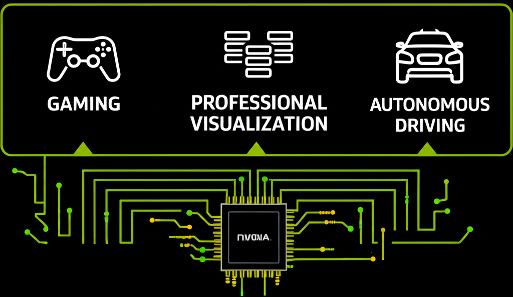 NVIDIA GPU從圖形渲染演進到AI平行運算引擎的插圖，展示遊戲、資料中心、專業視覺化和自動駕駛四大平台的應用