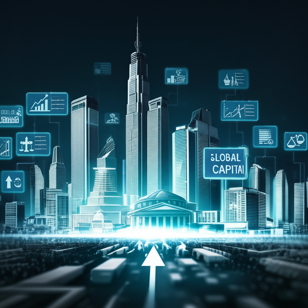 強健金融生態系統的插圖,強調高收入、先進產業、健全法律與金融體系、高流動性、資訊透明及多元投資機會,吸引全球資本