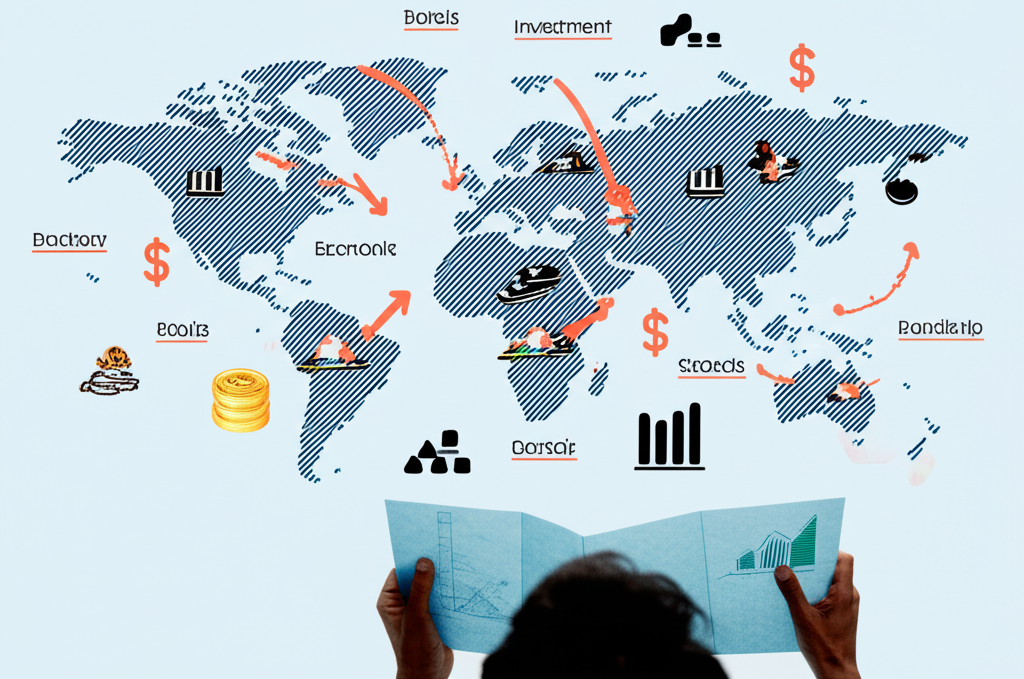 全球經濟地圖插圖,顯示資金在國家間流動,以及各種投資工具如債券,象徵投資者觀察世界地圖上的金融符號