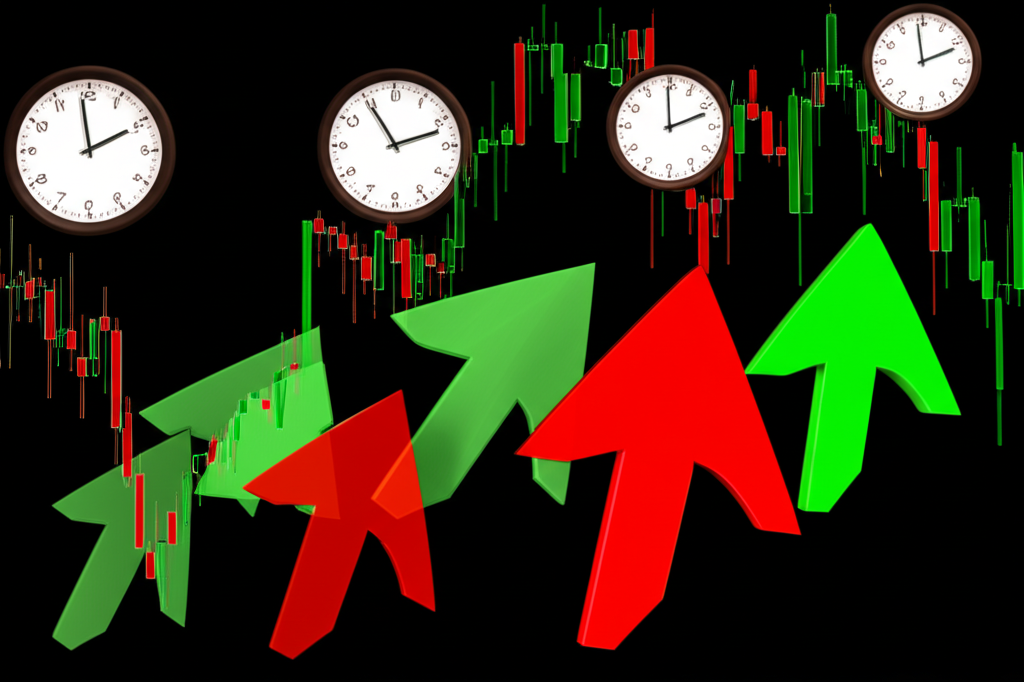 盤前交易示意圖,股市圖表與時鐘箭頭顯示開盤前交易活動與對金融新聞的即時反應