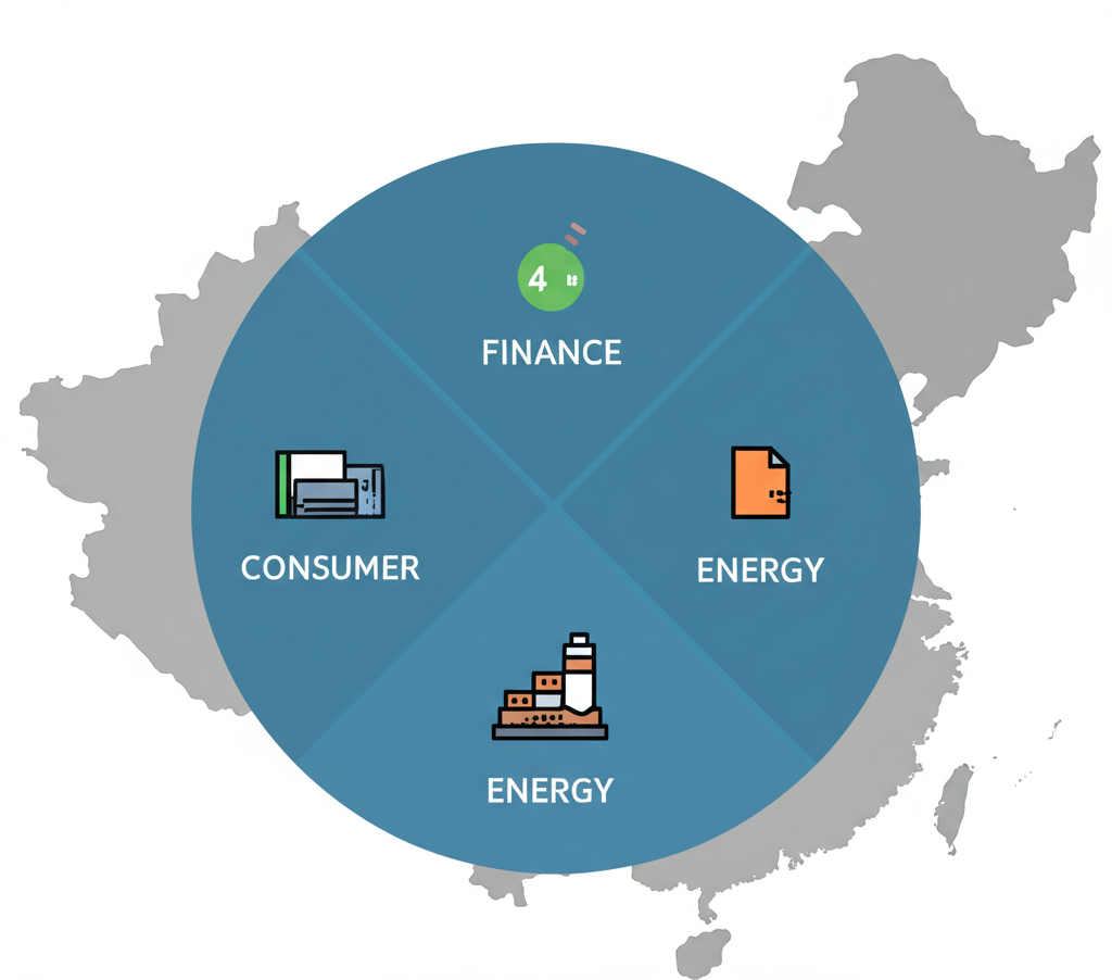 富時中國A50指數產業權重分佈餅圖,包含金融、消費、能源和醫療保健等行業圖標置於中國地圖上