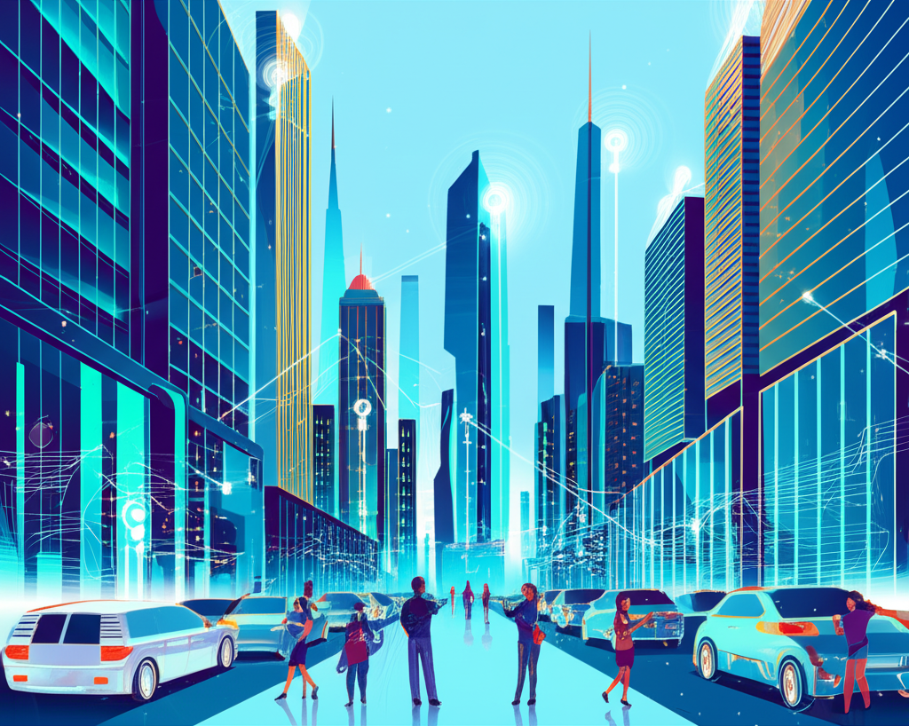 繁忙城市景象中隱形晶片驅動智能手機、自動駕駛汽車與資料中心,象徵其在現代生活中的無聲無處不在