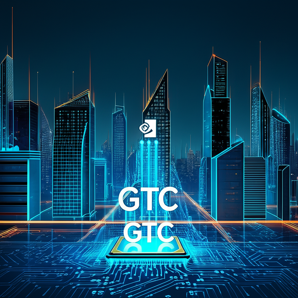 未來城市景觀中閃耀的 AI 電路與 NVIDIA GTC 標誌,象徵科技浪潮與人工智慧的發展方向