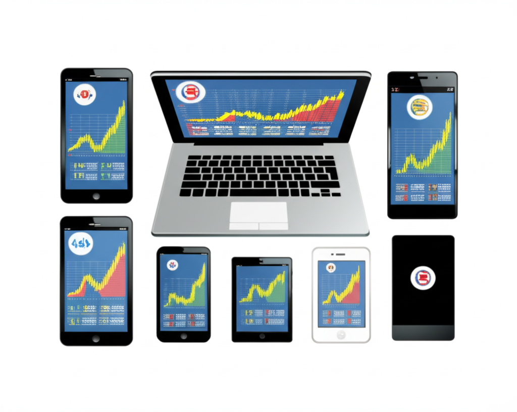 各種數位裝置如筆電、手機和平板顯示即時匯率圖表與銀行標誌,代表不同途徑存取金融資料
