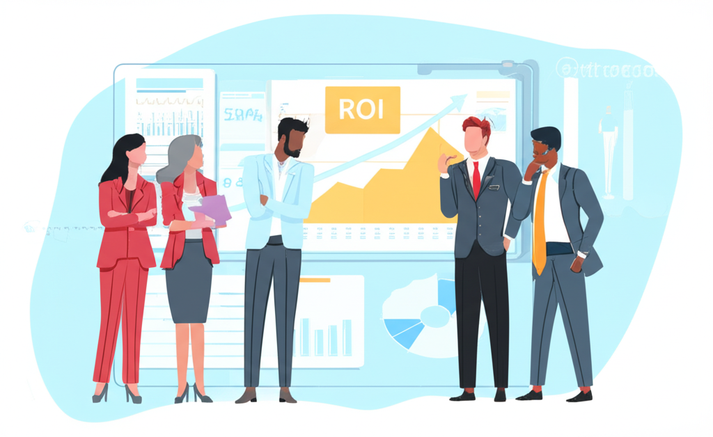 多元商業團隊包括企業家、行銷人員、投資者和專案經理,在大螢幕前分析 ROI 數據與策略圖表