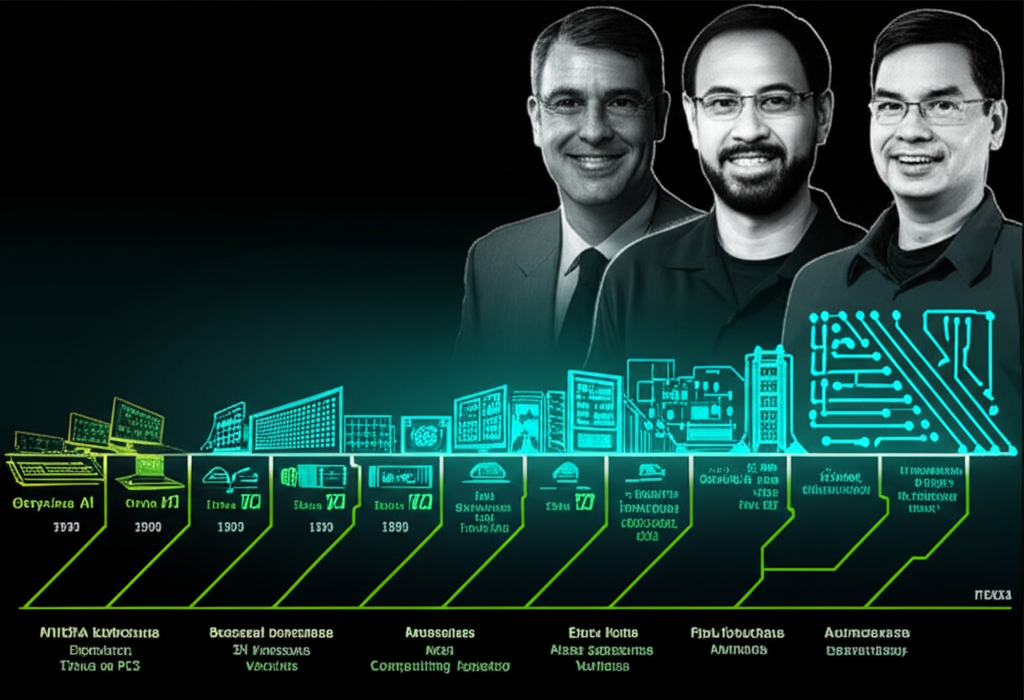 NVIDIA從1993年創業到AI運算巨頭的發展歷程插圖，展示從3D圖形到資料中心、自動駕駛與元宇宙的演進時間軸