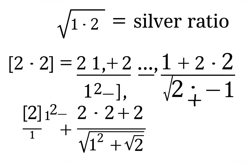白銀比例的數學特性示意圖，包含連分數 [2; 2, 2, ...] 與 Pell 數列趨近 1 + √2，對比黃金比例