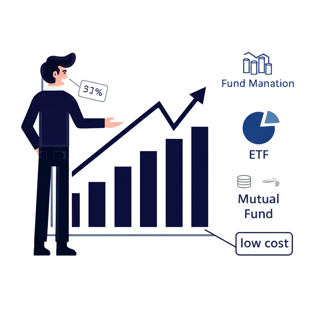 基金經理人被動追蹤標普500指數走勢圖,旁邊有ETF與共同基金圖示,強調資產配置與低成本