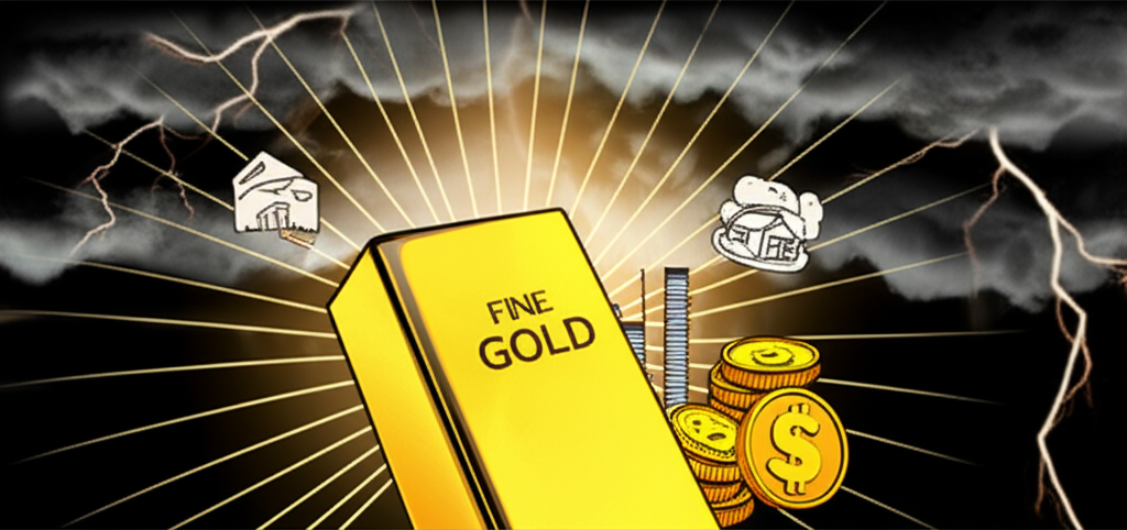 黃金投資作為避險資產的圖示,象徵其保護投資組合免受經濟風暴和通膨影響的永恆價值