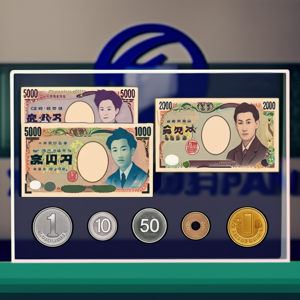 清晰展示四種日圓紙鈔和六種日圓硬幣,整齊排列,背景有日本銀行標誌