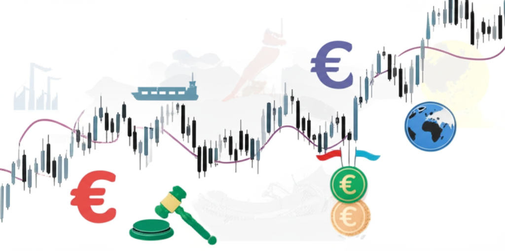 歐元匯率波動圖表插圖,融入全球經濟、地緣政治和央行政策元素,展示其複雜運動