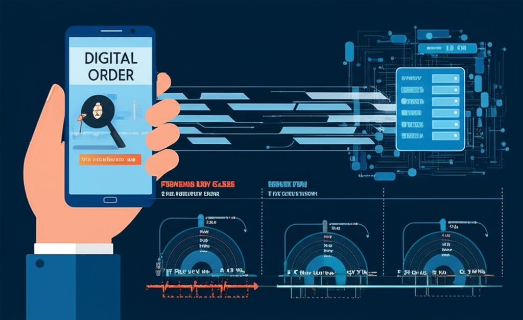 投資者用手機傳送數位訂單至券商系統，時間線顯示從前日收盤到盤前處理的安全資料流