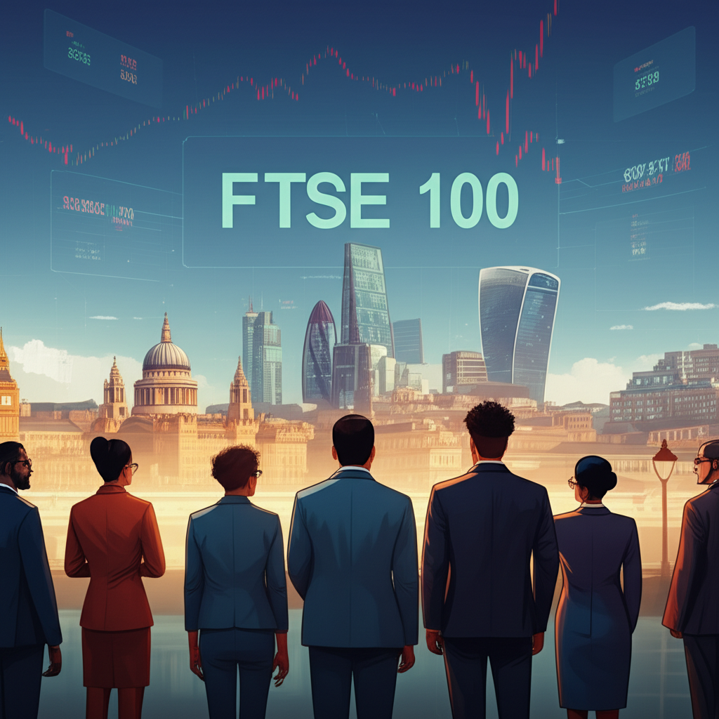 倫敦城市景觀與FTSE 100股票指數顯示,全球商務人士關注市場動態