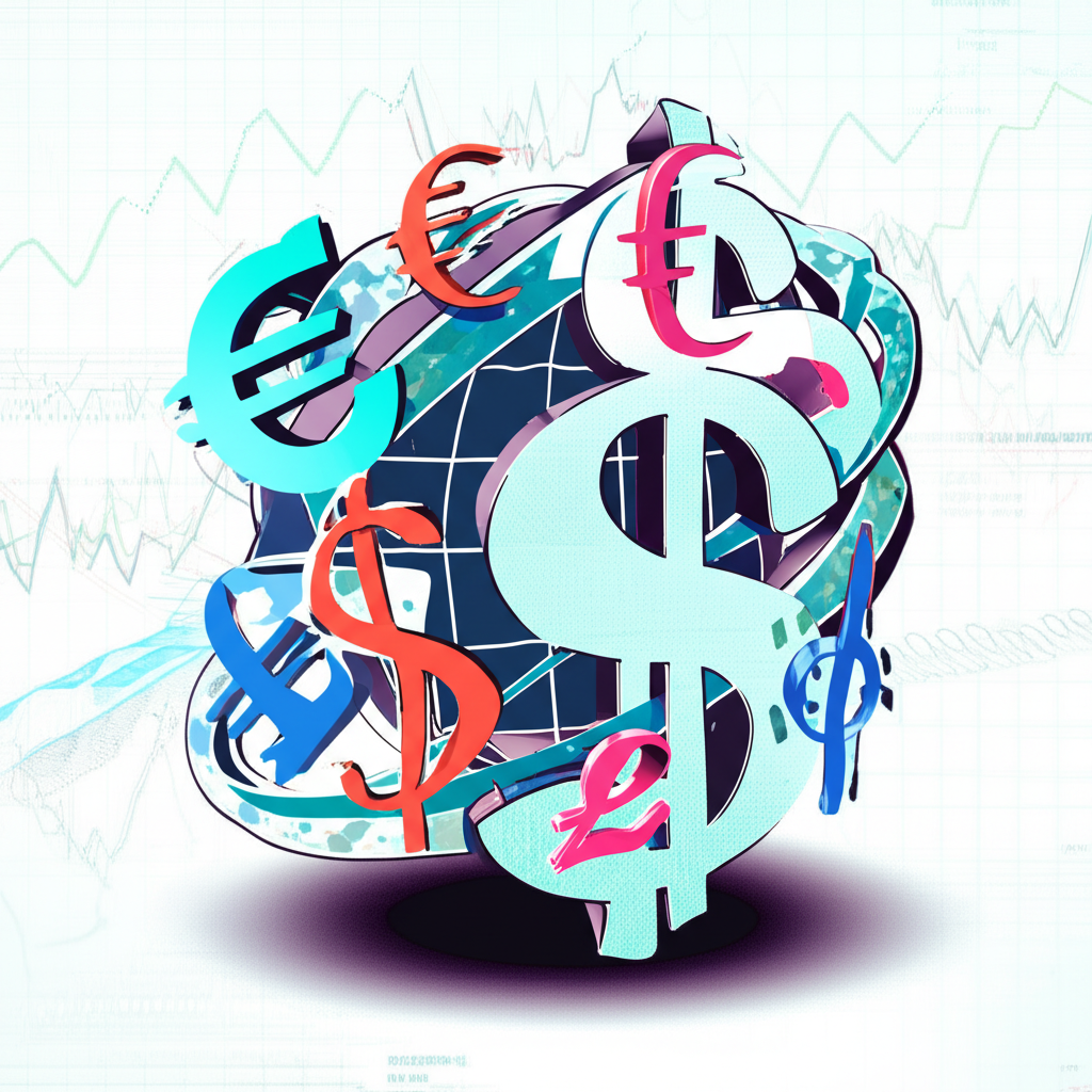 全球貨幣環繞貶值美元的插圖,背景包含經濟數據圖表與政策圖形,展現全球經濟力量的運作