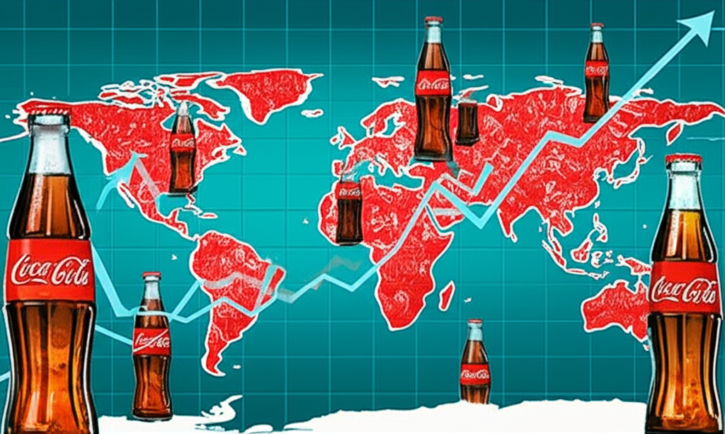 全球地圖上點綴著可口可樂瓶子和股票走勢圖,象徵穩定長期投資與股息成長