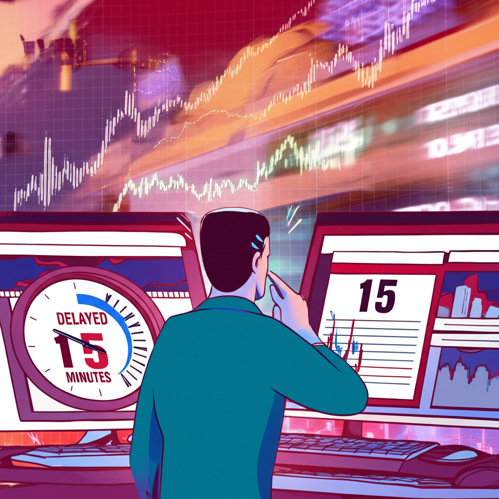 投資者盯著延遲股價圖表擔憂錯失機會的插圖,背景顯示快速變動的市場與計時15分鐘的時鐘