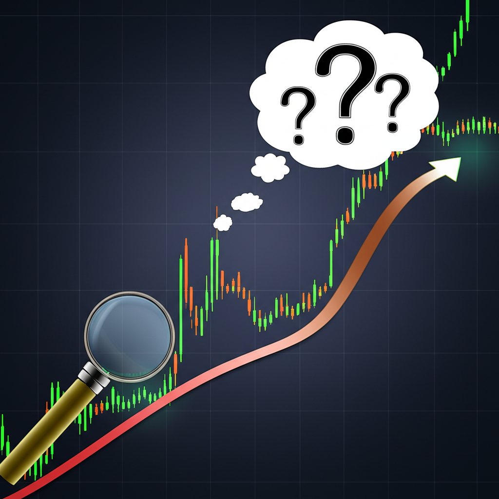 股票圖表放大鏡檢視底部出量真假反轉,顯示投資者決策困境