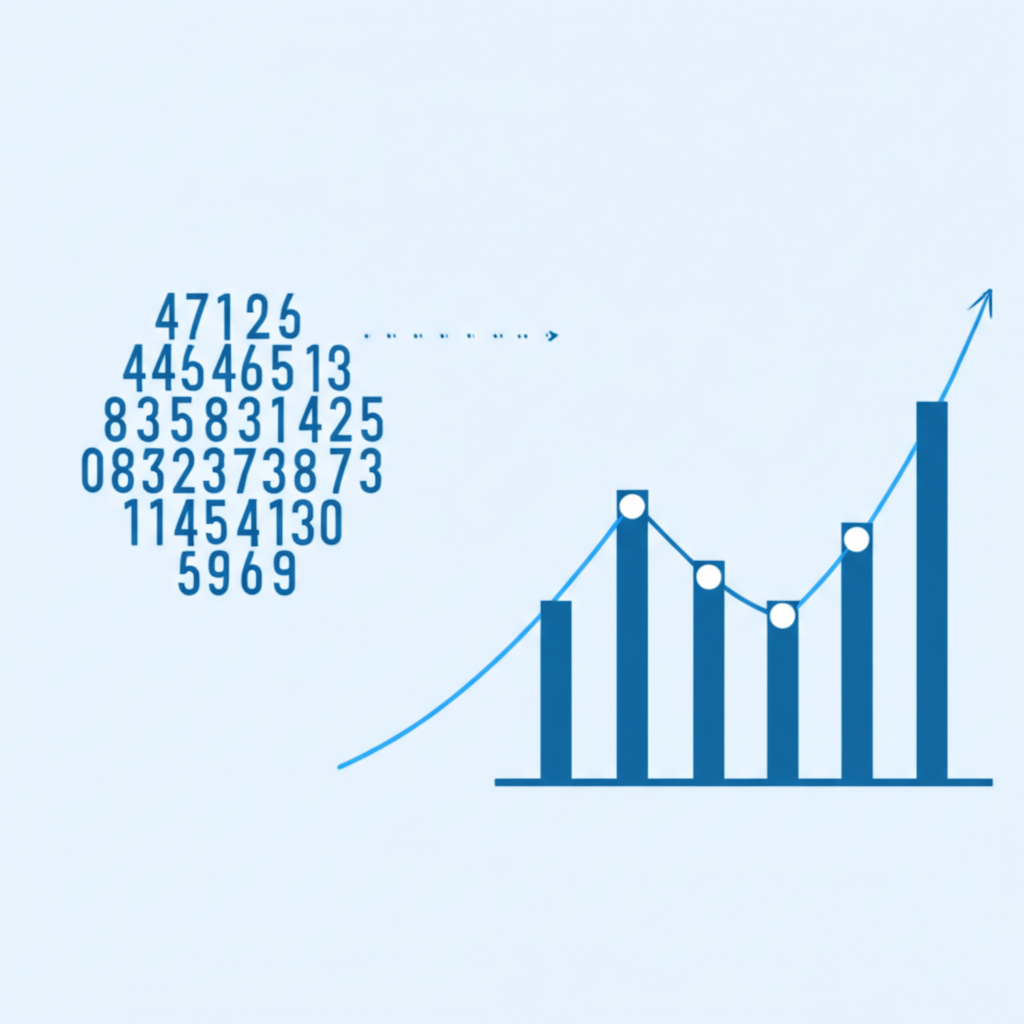 原始數據轉化為柱狀圖與線圖的視覺化過程,強調市場趨勢分析