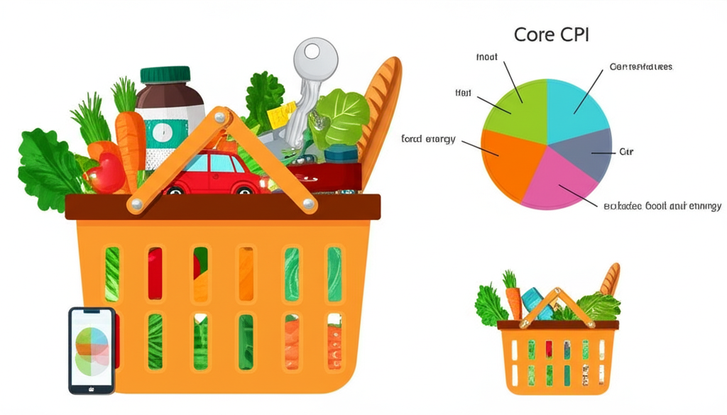 商品籃子包含雜貨、房屋鑰匙、汽車、藥瓶和手機,餅圖顯示CPI權重,旁邊核心CPI籃子排除食品能源